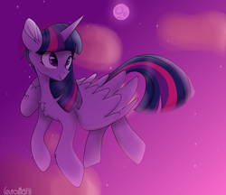 Size: 1600x1384 | Tagged: safe, artist:leviostars, twilight sparkle, alicorn, pony, g4, blushing, chest fluff, ear fluff, female, floating, mare, moon, smiling, solo, stars, sunset, twilight sparkle (alicorn)