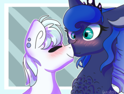 Size: 1024x783 | Tagged: safe, artist:leviostars, double diamond, princess luna, alicorn, earth pony, pony, g4, abstract background, blushing, chest fluff, crack shipping, doubluna, duo, ear piercing, earring, eyes closed, female, jewelry, male, mare, missing accessory, nuzzling, piercing, shipping, smiling, stallion, straight, tiara