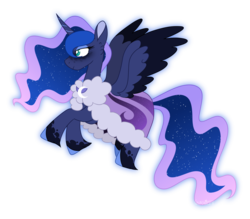Size: 1600x1404 | Tagged: safe, artist:leviostars, princess luna, alicorn, pony, g4, cloak, clothes, colored wings, ethereal mane, female, flying, mare, missing accessory, simple background, solo, spread wings, starry mane, transparent background, unshorn fetlocks, wings