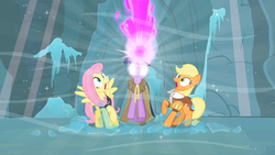Size: 1280x720 | Tagged: safe, screencap, applejack, clover the clever, fluttershy, private pansy, smart cookie, twilight sparkle, earth pony, pegasus, pony, unicorn, g4, hearth's warming eve (episode), cloak, clothes, female, ice, magic, mare, scared, snow, trio