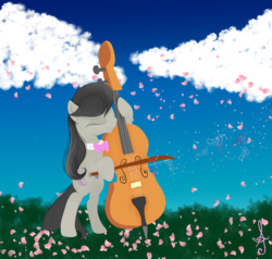 Size: 4861x4628 | Tagged: safe, artist:silversthreads, octavia melody, earth pony, pony, g4, absurd resolution, bow (instrument), bowtie, cello, cello bow, cherry blossoms, cloud, earth, female, flower, flower blossom, mare, musical instrument, solo