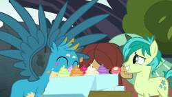 Size: 1280x720 | Tagged: safe, screencap, gallus, ocellus, sandbar, smolder, yona, changedling, changeling, dragon, earth pony, griffon, pony, yak, g4, school daze, animated, cart, comfy, cupcake, cute, diaocelles, eating, everfree forest, eyes closed, flying, food, grin, on back, open mouth, pillow, pillow fight, resting, smiling, sound, talking, webm