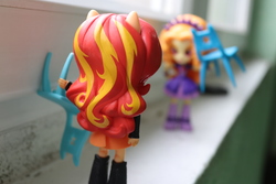 Size: 6000x4000 | Tagged: safe, artist:artofmagicpoland, adagio dazzle, sunset shimmer, equestria girls, g4, chair, doll, equestria girls minis, eqventures of the minis, female, fight, holding, irl, photo, satire, toy, welcome to the show