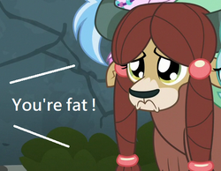Size: 509x394 | Tagged: safe, edit, edited screencap, screencap, yona, yak, g4, school daze, abuse, background pony strikes again, downvote bait, fat shaming, frown, op is a duck, op is trying to start shit, sad, yonabuse