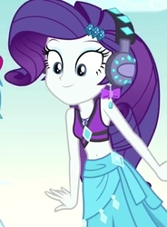 Size: 530x720 | Tagged: safe, screencap, rarity, equestria girls, g4, lost and found, my little pony equestria girls: better together, belly button, bikini, bikini top, clothes, cropped, cute, headphones, midriff, raribetes, rarity's blue sarong, rarity's purple bikini, sarong, sexy, solo, swimsuit