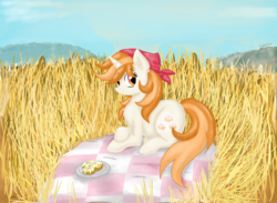 Size: 2617x1911 | Tagged: safe, artist:dreamy990, oc, oc only, oc:sweetroll, pony, unicorn, female, field, mare, prone, solo, wheat field