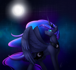 Size: 3800x3512 | Tagged: safe, artist:norica-official, princess luna, alicorn, pony, g4, chest fluff, ear fluff, ethereal mane, female, high res, jewelry, looking back, mare, moon, night, regalia, solo, spread wings, stars, wings