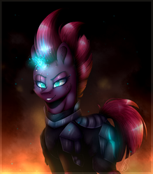 Size: 2410x2750 | Tagged: safe, artist:norica-official, tempest shadow, pony, unicorn, g4, my little pony: the movie, armor, broken horn, eye scar, female, fire, grin, high res, horn, mare, scar, smiling, solo, sparking horn