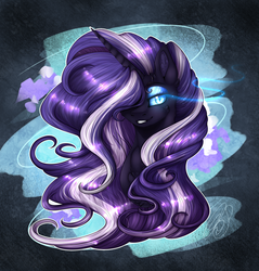 Size: 2055x2153 | Tagged: safe, artist:norica-official, nightmare rarity, pony, unicorn, g4, abstract background, bust, chest fluff, ear fluff, female, glowing eyes, hair over one eye, high res, mare, smiling, solo