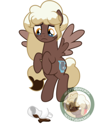 Size: 2500x3200 | Tagged: safe, artist:besttubahorse, oc, oc only, oc:sweet mocha, pony, .svg available, broken, coffee mug, crying, female, flying, freckles, high res, mug, sad, simple background, solo, svg, transparent background, vector, watermark