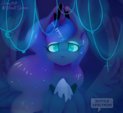 Size: 1112x1024 | Tagged: safe, artist:makaylatherainbow, artist:skittlespectrum6, artist:wasatgemini, color edit, edit, princess luna, alicorn, pony, g4, collaboration, colored, female, hooves to the chest, jewelry, looking at you, mare, regalia, solo, spread wings, watermark, wings