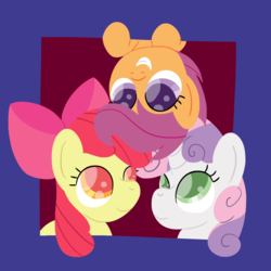Size: 1280x1280 | Tagged: safe, artist:phat_guy, derpibooru exclusive, apple bloom, scootaloo, sweetie belle, earth pony, pegasus, pony, unicorn, g4, bow, bust, cutie mark crusaders, female, filly, foal, frame, grin, hair bow, lineless, simple background, smiling, trio, upside down