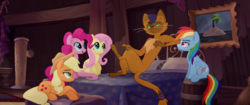 Size: 1280x536 | Tagged: safe, edit, edited screencap, editor:ah96, screencap, applejack, capper dapperpaws, fluttershy, pinkie pie, rainbow dash, abyssinian, cat, earth pony, pegasus, pony, anthro, g4, my little pony: the movie, anthro with ponies, ass, bed, bedroom eyes, butt, capper gets all the mares, casual nudity, chest fluff, cowboy hat, female, hat, imminent sex, lidded eyes, lucky bastard, male, mare, missing accessory, nude edit, nudity, seductive, seductive look, seductive pose, sexy, stupid sexy applejack, stupid sexy capper, stupid sexy fluttershy, stupid sexy pinkie, stupid sexy rainbow dash