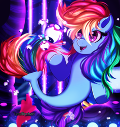 Size: 1424x1500 | Tagged: safe, artist:learicchan, rainbow dash, pegasus, pony, seapony (g4), g4, my little pony: the movie, bubble, clothes, coral, cute, cutie mark, dorsal fin, female, fin, fin wings, fins, fish tail, flowing mane, flowing tail, glowing, happy, lidded eyes, mare, ocean, open mouth, open smile, pink eyes, rock, scales, seaponified, seapony rainbow dash, seaquestria, seashell, seaweed, see-through, smiling, sparkles, species swap, spread wings, swimming, tail, teeth, underwater, water, wings