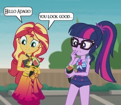 Size: 938x810 | Tagged: safe, edit, edited screencap, screencap, sci-twi, sunset shimmer, twilight sparkle, equestria girls, g4, my little pony equestria girls: better together, x marks the spot, beach, clothes, food, glasses, implied adagio dazzle, speech bubble, sushi, swimsuit, tree