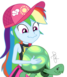 Size: 479x550 | Tagged: safe, artist:ilaria122, rainbow dash, tank, aww... baby turtles, equestria girls, g4, my little pony equestria girls: better together, clothes, cute, dashabetes, geode of super speed, hat, magical geodes, simple background, swimsuit, transparent background