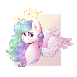Size: 2000x2000 | Tagged: safe, artist:spirit-dude, princess celestia, alicorn, pony, g4, bust, crown, ear piercing, female, high res, horn, horn ring, jewelry, looking at you, mare, piercing, regalia, solo, wings