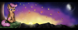 Size: 3900x1500 | Tagged: safe, artist:jesterpi, scootaloo, pony, g4, autumn leaves, bandaid, bandaid on nose, environment art, female, leaf, leaves, moon, mountain, night, night sky, scenery, sky, solo, sunset, tree, wallpaper, wind