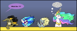 Size: 1534x625 | Tagged: safe, artist:haretrinity, cranky doodle donkey, derpy hooves, dj pon-3, princess celestia, vinyl scratch, pegasus, pony, unicorn, g4, no second prances, alternate ending, cup, female, looking at you, open mouth, smiling, teacup, thought bubble, windswept mane