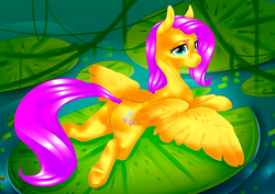 Size: 4000x2830 | Tagged: safe, artist:amberpendant, fluttershy, pegasus, pony, g4, butt, female, lilypad, looking over shoulder, mare, plot, prone, solo, spread wings, wings