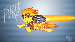 Size: 1931x1086 | Tagged: safe, artist:bigrigs, derpibooru exclusive, spitfire, pegasus, pony, g4, 16:9, clothes, female, fire, flying, goggles, harness, jacket, jet stream, jetpack, mare, solo, spitfiery, tack