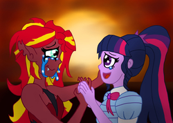Size: 5629x4000 | Tagged: safe, artist:edcom02, sci-twi, sunset shimmer, twilight sparkle, demon, equestria girls, equestria girls series, g4, absurd resolution, crossover, crying, devilman, devilman crybaby, female, heartwarming, holding hands, lesbian, looking at each other, ship:sci-twishimmer, ship:sunsetsparkle, shipping, sunset, sunset satan, tears of joy