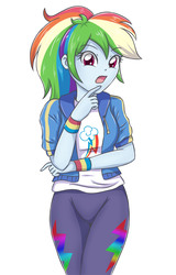 Size: 2078x3248 | Tagged: safe, artist:sumin6301, rainbow dash, equestria girls, equestria girls series, g4, alternate hairstyle, clothes, female, high res, hoodie, looking at you, open mouth, pants, ponytail, simple background, solo, white background