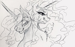 Size: 1280x795 | Tagged: safe, artist:candasaurus, daybreaker, nightmare moon, alicorn, pony, g4, black and white, duo, female, grayscale, horn, ink drawing, looking at you, mare, monochrome, simple background, traditional art, white background