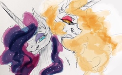 Size: 1280x787 | Tagged: safe, artist:candasaurus, daybreaker, nightmare moon, pony, g4, duo, ethereal mane, fangs, female, horn, looking at you, mare, partial color, starry mane