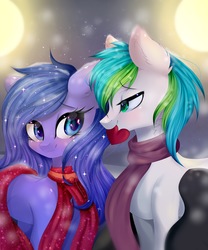 Size: 3000x3600 | Tagged: safe, artist:silvia-zero, oc, oc only, oc:looic, oc:shadow blue, bat pony, earth pony, pony, bat pony oc, blushing, chest fluff, clothes, commission, cutie mark, dress, ear fluff, female, floppy ears, heart, high res, leg fluff, love, male, mare, mouth hold, not luna, oc x oc, open mouth, red dress, save, scarf, shadooic, shipping, shoulder fluff, stallion, straight, wing fluff