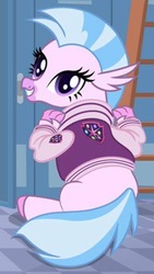 Size: 565x999 | Tagged: safe, silverstream, classical hippogriff, hippogriff, g4, season 8, clothes, cute, diastreamies, jacket, looking at you, looking back, looking back at you, varsity jacket