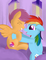 Size: 2550x3300 | Tagged: safe, artist:skyflys, rainbow dash, scootaloo, pegasus, pony, g4, boop, cute, cutealoo, female, happy, high res, lifting, noseboop, playing, scootalove, sisterly love, upsies