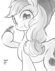 Size: 700x900 | Tagged: safe, artist:tohupo, applejack, earth pony, pony, g4, apple, applejack's hat, cowboy hat, female, food, hat, looking at you, mare, monochrome, solo