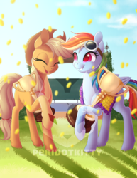 Size: 600x776 | Tagged: safe, artist:silkensaddle, applejack, rainbow dash, earth pony, pegasus, pony, g4, cowboy hat, duo, eyes closed, female, goggles, hat, mare, smiling, trophy, watermark