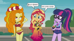 Size: 1920x1076 | Tagged: safe, artist:3d4d, artist:imperfectxiii, artist:jake-brithgside, edit, edited screencap, screencap, vector edit, adagio dazzle, sci-twi, sunset shimmer, twilight sparkle, equestria girls, g4, my little pony equestria girls: better together, x marks the spot, blush sticker, blushing, clothes, dialogue, floral head wreath, flower, glasses, speech bubble, swimsuit, trio, vector