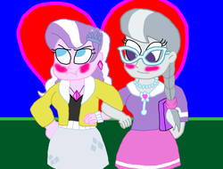 Size: 2200x1676 | Tagged: safe, artist:bigpurplemuppet99, diamond tiara, silver spoon, equestria girls, g4, blushing, clothes, female, glasses, heart, lesbian, looking away, ship:silvertiara, shipping