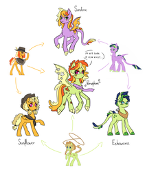 Size: 1500x1749 | Tagged: safe, artist:pikokko, oc, oc only, oc:echeweria, oc:jade, oc:persephone, oc:seed seeker (syd), oc:sunflower (sunny), oc:sunset sky, oc:sunstone, dracony, earth pony, hybrid, pegasus, pony, clothes, cowboy hat, female, fusion, fusion diagram, hat, hexafusion, horse collar, interspecies offspring, lasso, mare, offspring, parent:applejack, parent:caramel, parent:cheese sandwich, parent:rainbow dash, parent:spike, parent:twilight sparkle, parents:carajack, parents:cheesedash, parents:twispike, poncho, rope, scarf, stetson