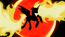 Size: 1280x720 | Tagged: safe, alternate version, artist:backstabbing scumbags, edit, edited screencap, screencap, daybreaker, alicorn, pony, g4, catasterism, floating, mane of fire, silhouette, solo, sun, transformation