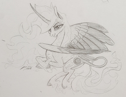Size: 2471x1905 | Tagged: safe, artist:creeate97, daybreaker, alicorn, classical unicorn, pony, g4, cloven hooves, curved horn, female, grayscale, horn, leonine tail, mare, monochrome, pencil drawing, signature, simple background, smiling, solo, traditional art, unshorn fetlocks, white background