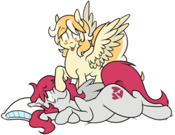 Size: 1098x847 | Tagged: safe, artist:egophiliac, oc, oc only, oc:little love, oc:orange cream, pegasus, pony, boop, duo, female, looking at each other, male, silly, simple background, tongue out, transparent background