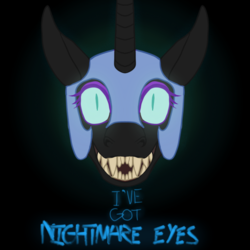 Size: 720x720 | Tagged: safe, artist:backstabbing scumbags, nightmare moon, alicorn, pony, g4, antagonist, evil smile, glowing, glowing eyes, grin, night in the woods, smiling, villainess