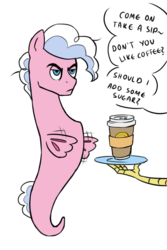 Size: 732x1094 | Tagged: safe, artist:pikokko, oc, oc:marshall (marshmallow), sea pony, annoyed, coffee, coffee cup, cup, disembodied hand, hand, implied discord, male, offscreen character, offspring, parent:pinkie pie, parent:pokey pierce, parents:pokeypie, simple background, solo focus, species swap, speech bubble, white background