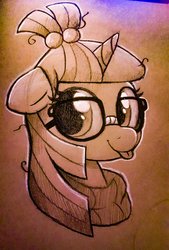Size: 811x1200 | Tagged: safe, artist:moozua, derpibooru exclusive, moondancer, pony, unicorn, g4, clothes, cute, dancerbetes, female, floppy ears, glasses, looking at you, mare, mid-tone, midtone, smiling, solo, sweater, tongue out, traditional art