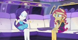 Size: 810x425 | Tagged: safe, screencap, rarity, sunset shimmer, driving miss shimmer, driving miss shimmer: rarity, equestria girls, g4, my little pony equestria girls: better together, and then there's rarity, animated, blinking, bracelet, confused, cute, dancing, dancity, duo, female, gif, jewelry, legs, limousine, party animal, raribetes, rarity peplum dress