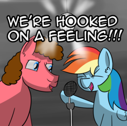 Size: 1814x1797 | Tagged: safe, artist:artiks, rainbow dash, oc, oc:david hasselhoof, g4, b.j. thomas, blue swede, disco ball, duo, hooked on a feeling, lyrics, microphone, singing, song reference, text