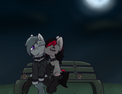 Size: 1300x1000 | Tagged: safe, artist:lazerblues, marble pie, oc, oc:miss eri, g4, bench, black and red mane, choker, clothes, coffee, coffee cup, collar, cup, ear piercing, hoodie, lonely inky, piercing, stockings, thigh highs, two toned mane