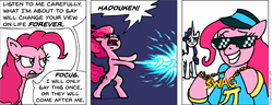 Size: 927x356 | Tagged: safe, artist:gingerfoxy, pinkie pie, rarity, earth pony, pony, unicorn, pony comic generator, g4, clothes, comic, hadouken, street fighter, sunglasses, swag