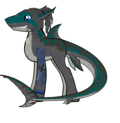 Size: 1947x2003 | Tagged: safe, oc, oc only, oc:rogue wave, hybrid, original species, shark pony, blue eyes, countershading, dreadlocks, hei matau, jewelry, necklace, scar, sharp teeth, simple background, stripes, tattoo, teeth, tiger shark pony, transparent background