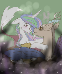 Size: 724x858 | Tagged: safe, artist:slytherinakatsuki, discord, princess celestia, alicorn, draconequus, pony, g4, blurry background, female, interspecies, male, nebula, romance, ship:dislestia, shipping, stars, straight