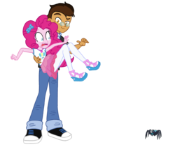 Size: 2280x1920 | Tagged: safe, artist:flipwix, pinkie pie, oc, oc:copper plume, spider, star spider, equestria girls, g4, my little pony equestria girls: better together, canon x oc, clothes, commission, commissioner:imperfectxiii, copperpie, cute, female, freckles, geode of sugar bombs, glasses, male, pantyhose, sandals, scared, shipping, simple background, skirt, skirt lift, straight, transparent background